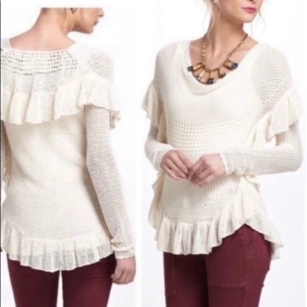 NWOT Anthro Angel of The North Crochet Ivory Open Knit Ruffle Sweater Size: M